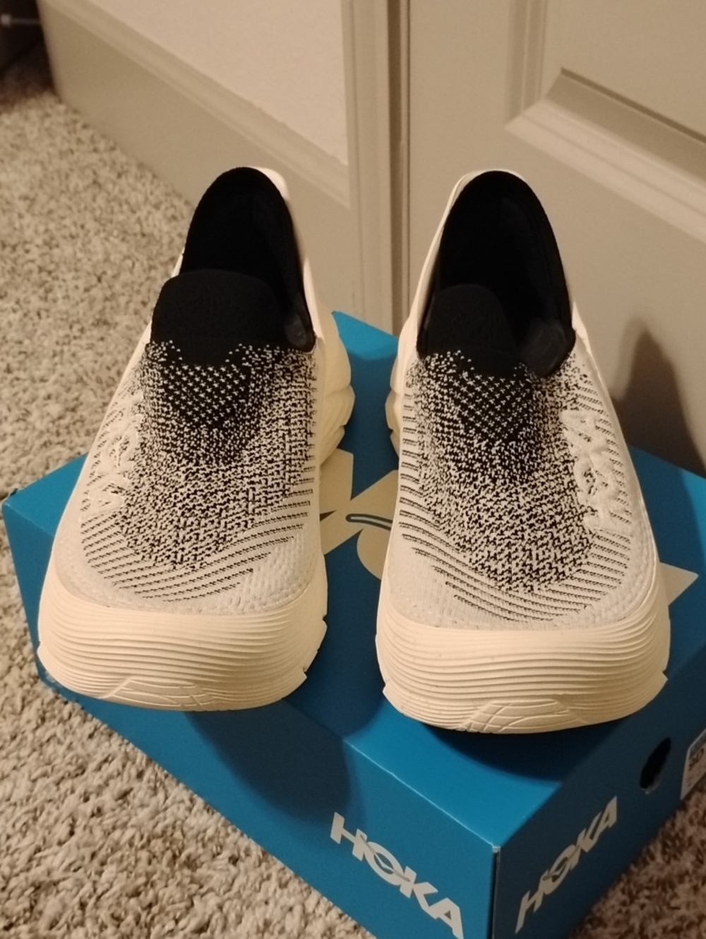 Hoka Men’s White and Black Slip-On Knit Running Shoes